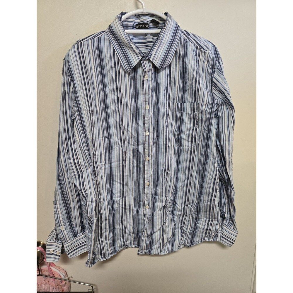 George Men’s White BLUE Shirt Poplin Long Sleeve Wrinkle Free XL 45-46